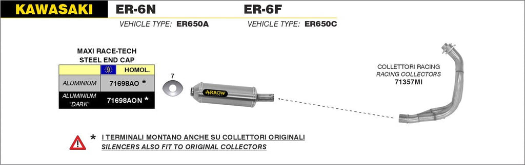 ARROW EXHAUST SYSTEM KAWASAKI ER-6N '05/11 - ER-6F '5/11 - VERSYS 650 '07/14 